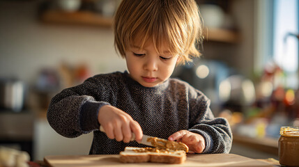 Little kid learning practical life skills by making a breakfast sandwich in a sunny kitchen with deep concentration.