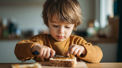 Little kid learning practical life skills by making a breakfast sandwich in a sunny kitchen with deep concentration.