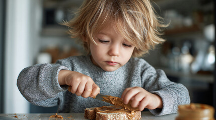 Little kid learning practical life skills by making a breakfast sandwich in a sunny kitchen with deep concentration.