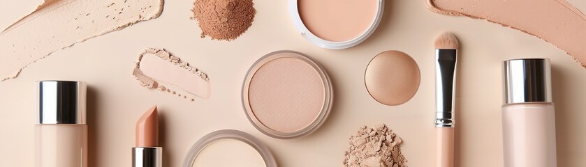 Different concealers and powders are placed neatly, each labeled by undertones. They showcase a variety of shades, ideal for makeup enthusiasts looking for the perfect match