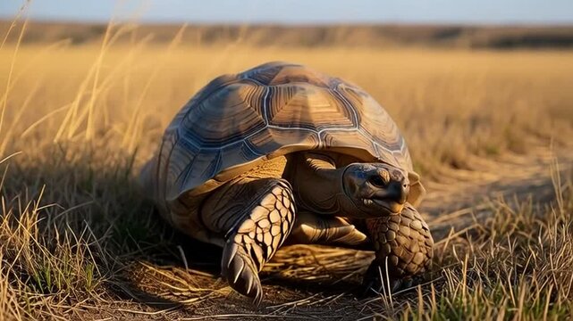 Tortoise in Wilderness: A hardy tortoise, emblem of resilience, navigates a vast, sun-drenched wilderness, its textured shell echoing the rough terrain, a testament to endurance and ancient wisdom.