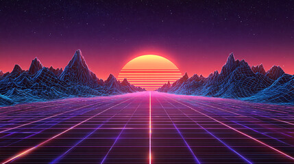 Retro-futuristic landscape featuring a glowing neon grid floor and wireframe mountains under a purple gradient sunset in an 80s synthwave style.