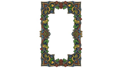 Intricate medieval style border with floral and knotwork elements.