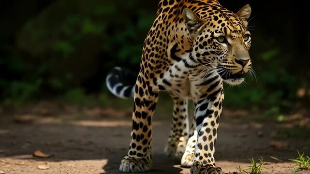 Leopard Stroll: A majestic leopard strides purposefully through a shadowed environment, its spotted coat blending with the dappled sunlight. Capturing the grace and power of this magnificent creature.