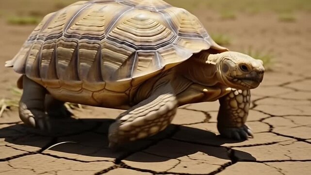 Giant Tortoise on Cracked Ground: A majestic giant tortoise navigates across cracked, arid earth, its ancient shell bearing witness to time.
