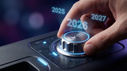 Hand adjusting control knob to 2026 on futuristic interface.