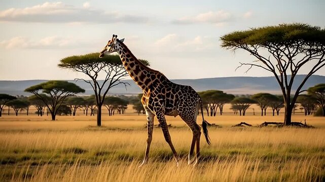 Giraffe Strolling in Savannah: An elegant giraffe gracefully strides across the vast savannah, its patterned coat blending with the golden grasses and acacia trees under the expansive sky.