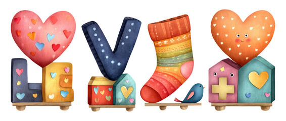 Colorful Playful Blocks with Hearts and Elements for Nurturing and Careful Learning