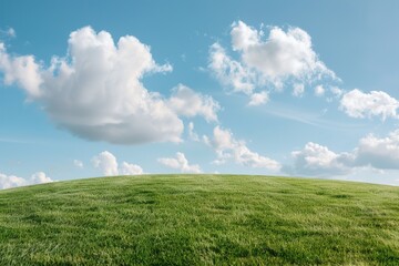 Obraz premium A wide expanse of green grass stretches across the landscape, meeting the horizon beneath a clear sky filled with fluffy white clouds. The scene captures the tranquility of nature