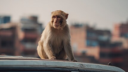 A thoughtful monkey sits atop a vehicle, gazing thoughtfully, with a blurred cityscape in the background under an overcast sky