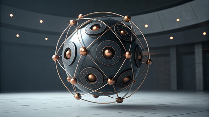 Futuristic metallic sphere with copper accents in modern room