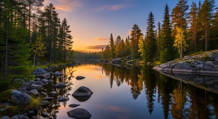 Serene forest river reflects sunset sky at twilight with tranquil water.