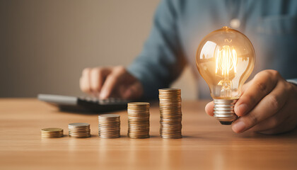 Person calculating finances with a glowing lightbulb representing innovative ideas on a wooden table