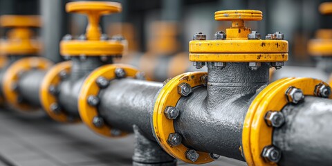 Close-up of Stationary Gas Pipeline Featuring Bright Yellow Valve Controls