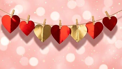 Shiny gold and red hearts hanging on a clothesline with bokeh lights background