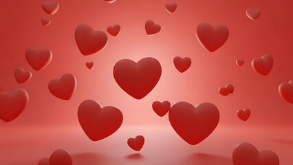 Many red hearts floating in a vibrant red room creating a romantic atmosphere