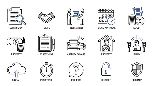 Collection of insurance claim icons and symbols.
