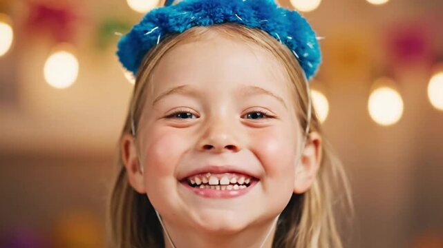 Joyful young girl with a missing tooth smiles brightly in a party hat
