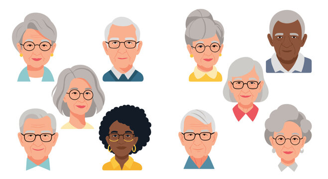 Diverse collection of elderly people's faces, showing smiling senior men and women of different ethnicities with glasses.