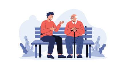 Young man sitting on a park bench and having a friendly conversation with an elderly man who is holding a walking cane.