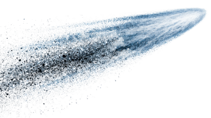 Abstract particle explosion resembling a comet or meteor tail, trailing light and dark elements across a transparent background