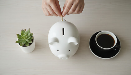 Hand inserting coin into piggy bank on table with coffee and plant nearby