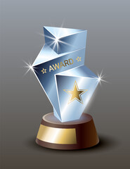 Celebratory award with reflective surfaces, showcasing polished geometric awards under lighting