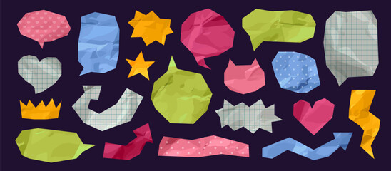 Collage crumpled paper speech bubbles, arrows and stars. Realistic vector scrapbook design elements