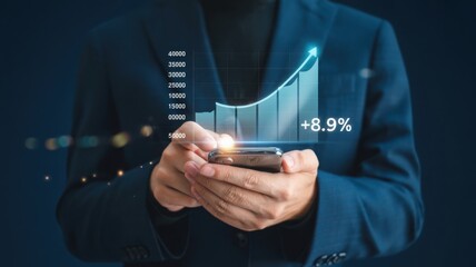 A businessman analyzing a digital marketing graph on a mobile device with a positive trend indicator in a dark office environment