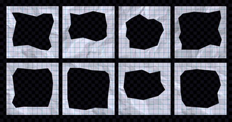 School grid sheet crumpled paper photo frames set. Realistic collage old paper background for creative design, vector decorative elements