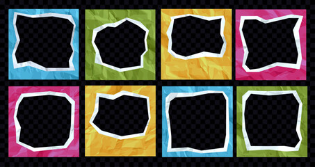 Scrapbook crumpled paper photo frames set. Realistic collage old paper background for creative design, vector decorative elements