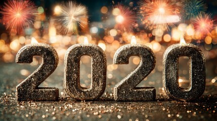 Sparkling glitter background illuminates 2020 candles, celebratory fireworks explode in the backdrop, creating festive cheer