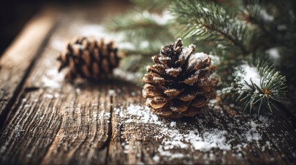 Close-up of snow-dusted pine cones and evergreen branches on a rustic wooden surface, creating a wintery feel
