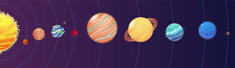 Solar System planets set. Moon, Sun and comet icons isolated on starry sky background. Vector outer space gas giants Jupiter and Saturn, ice Uranus Neptune, Pluto. Rocky Mercury, Venus and Earth, Mars