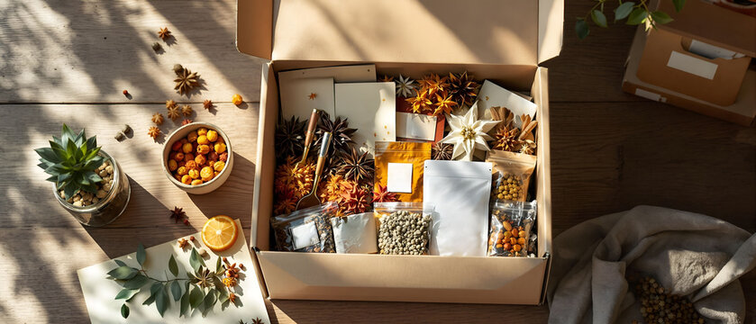 Open cardboard gift box filled with organic spices, tea pouches, and dried decorations on a wooden table, ideal for subscription box concepts and eco-friendly packaging mockups