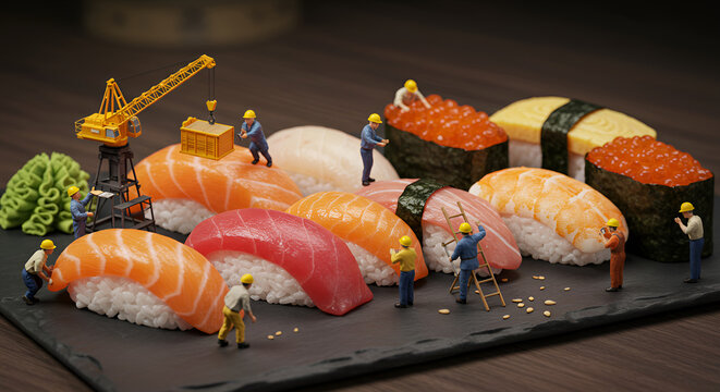 Miniature construction workers assembling assorted sushi on a slate plate, creative food concept featuring tiny figures building nigiri and gunkan with cranes and ladders - Powered by Adobe