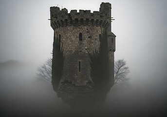 Ancient stone tower emerges from atmospheric fog and mist.
