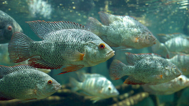 School of Tilapia Fish Swimming in Aquarium
