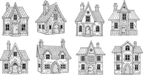 Fantasy house collection, whimsical architecture, fairy tale buildings, medieval village style, black white drawing, storybook homes, detailed line art, vector illustration © MSTSHARMIN