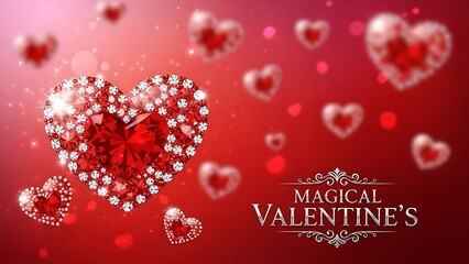 Magical valentine's with sparkling diamond hearts on a luxurious red background