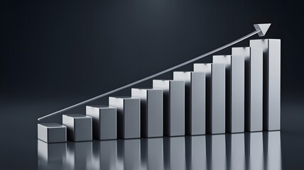 A 3D rendered visualization of ascending graph with arrow pointing upwards on a dark background