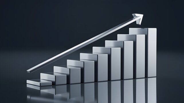 A 3D silver bar graph with an upward trending arrow on a dark background