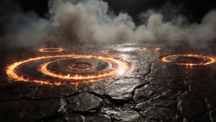 Enigmatic fiery portals on a desolate landscape with rising smoke.