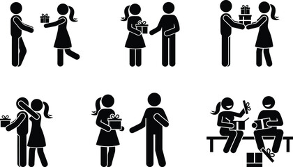 Man and woman exchanging gifts in different scenes
