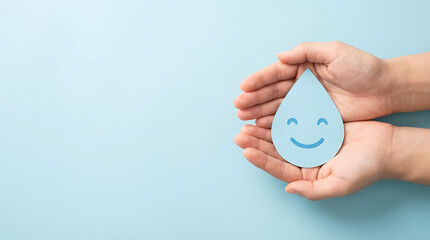 Caring hands lovingly embrace a smiling blue water drop cutout, a powerful symbol of global water conservation, purity, and environmental stewardship for a healthier planet