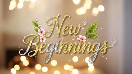 New beginnings illuminated with sparkling gold and silver script amidst a warm bokeh glow