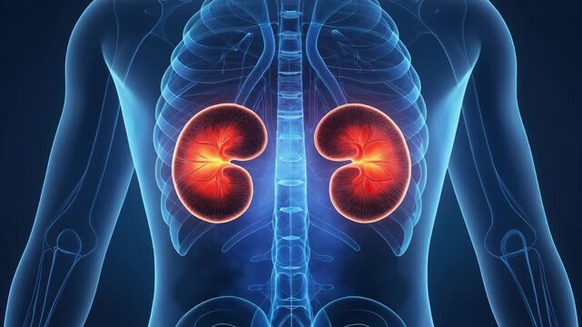 Medical digital illustration of human torso highlighting kidneys, semi transparent blue body outline, faint skeleton, glowing red orange kidneys, dark gradient background, anatomy focus detail.