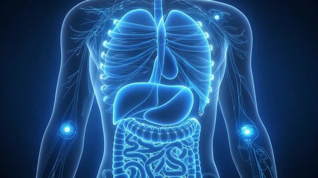 Futuristic digital illustration of semi transparent human body with glowing blue organs and nervous system, neon accents, dark starry background, high tech scientific anatomy visualization.