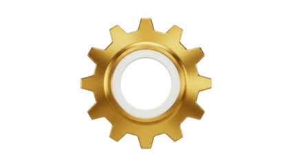 Golden gear PNG isolated on transparent background, cogwheel clip art for engineering and mechanical design projects