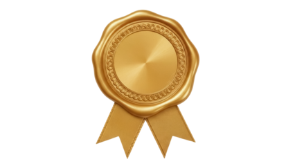 Golden wax seal with ribbon isolated PNG on transparent background, vintage stamp for certificate and invitation design